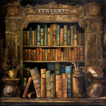 Step into a vibrant world of artistry with this image depicting a beautifully lit, cozy library. The shelves are filled with ancient, weathered books, transporting you to a bygone era. The focal point of the image is an open antique book, its pages revealing intricate handwritten calligraphy and delicate illustrations. The title, 'The Legacy of Letters: Unearthing Antique Books', is elegantly inscribed on a vintage bookplate subtly placed in the corner of the image.の素材