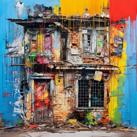 Immerse yourself in the captivating world of The Visual Poetry. This thought-provoking street art masterpiece combines the raw beauty of urban decay with eloquent verses of poetry, creating a powerful and profound visual experience. The dilapidated building serves as the canvas, adorned with vibrant graffiti that intertwines with the lines of poetry, inviting viewers to explore the depths of emotions within. Let the contrasting elements of decay and artistic expression mesmerize and provoke a range of feelings, inviting contemplation and reflection.の素材