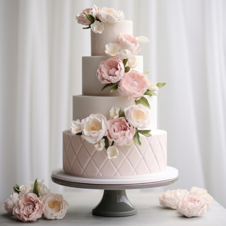 Experience the epitome of elegance with this stunning multi-tiered wedding cake that embodies the theme of Minimalist Chic. The cake features a clean and simple design, accentuated by elegant details that exude sophistication and refined taste. The minimalist aesthetic is evident in the understated and neutral color palette, enhanced by subtle accents to elevate the overall elegance. Delicate floral arrangements or geometric patterns add a touch of modernity, complementing the minimalist art style characterized by clean lines and meticulous attention to detail. This image is perfect for microstock sites and can be effortlessly adapted to various design concepts, appealing to a wide range of users.の素材