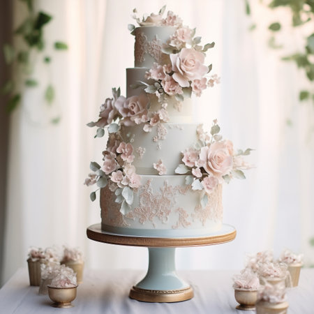 Indulge in the timeless elegance of this multi-tiered wedding cake with a vintage charm. Each tier showcases exquisite craftsmanship and intricate detailing, adding to its enchanting appeal. Delicate floral accents, ornate lace patterns, and subtle metallic accents like gold leaf or silver dragees adorn this stunning cake. The soft and romantic color palette of blush pink, mint green, and lavender adds a touch of whimsy and sophistication. The cake is beautifully displayed on a vintage-styled cake stand, enhancing its nostalgic and romantic allure.の素材