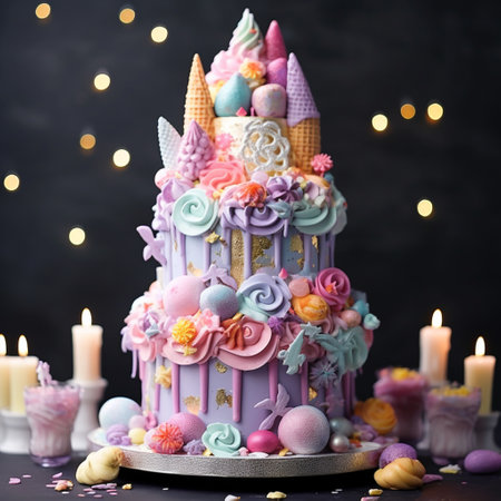 Indulge in the magical world of ice cream with this vibrant and dreamy depiction of a whimsical cake resembling an enchanted ice cream parlor. Stack up layers of delicious ice cream flavors, each beautifully decorated with waffle cones and an array of sweet toppings. The pastel colors bring a sense of fantasy while the magical elements like floating sprinkles and twinkling fairy lights add an extra touch of enchantment. Immerse yourself in this fantastical art style and let your imagination run wild in this ice cream wonderland.の素材