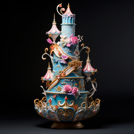 Get ready to indulge your senses with this delicious topsy-turvy cake that defies gravity! This stunning confectionery masterpiece features intricate architectural elements, elaborate patterns, and a mesmerizing combination of whimsical design and gravity-defying elements. With its vibrant and colorful 3D illustration-style aesthetic, this cake is sure to impress. Taste the perfection as you bite into the luscious layers of moist cake, topped with a variety of mouthwatering ingredients like frosting, fresh fruits, chocolate shards, and edible flowers.の素材