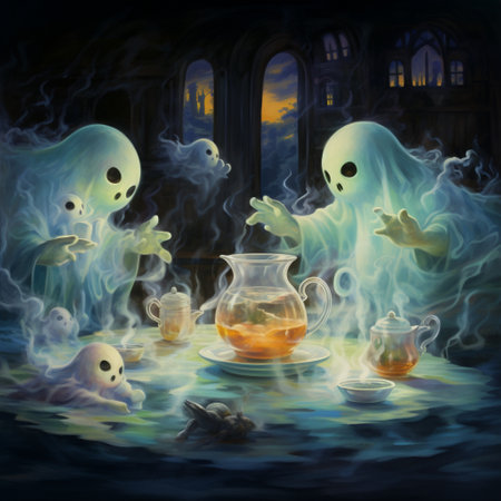 Step into the whimsical and vibrant world of a Ghostly Tea Party! In this playful Halloween-themed image, ghostly figures gather around a tea table adorned with creepy decorations. Transparent and ethereal, the ghosts can be seen sipping ghostly tea from floating teacups, engaging in animated conversations, and sharing ghostly treats with mischievous grins. The atmosphere is a delightful mix of enchantment, delight, and just a touch of spookiness. The unique teacup designs, intricate details, and ghostly tea-party attire will capture the imagination of viewers on microstock sites.の素材