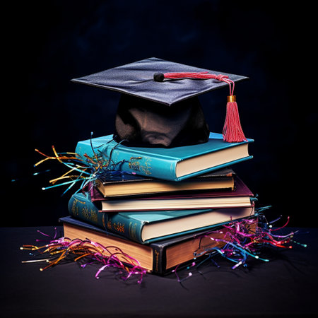 Experience the wonder of knowledge and achievement with this awe-inspiring image of a graduation cap gracefully balanced on top of a towering stack of colorful books, seemingly defying gravity. The books vary in size and shape, creating a visually striking and impressive structure that represents the breadth and depth of learning. The graduation cap is adorned with ornate details, embellishments, or unique designs, symbolizing the individuality and accomplishment of the graduate. The overall composition exudes a sense of triumph, knowledge, and the endless possibilities that come with education. The art style combines elements of realism and fantasy, creating a visually impactful and captivating image.の素材