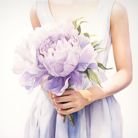 Get mesmerized by the beauty of this bride as she gracefully holds out her hand, showcasing a classic white peony bouquet with a touch of purple. The delicate petals are expertly arranged in a stunning composition, exuding elegance and beauty. The bride's fingers gently graze the soft petals, embracing the essence of a blossoming love. This artwork is inspired by watercolors, showcasing vibrant hues and intricate details of the flowers.の素材