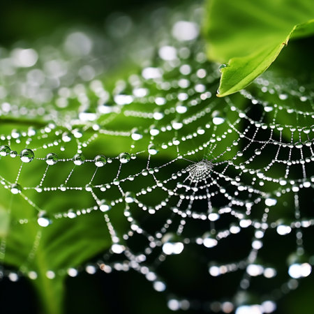 Experience the captivating beauty of dew on spider webs with this stunning image titled 'Silent Works of Nature'. Rendered in a detailed, vibrant, and realistic art style, this image showcases the intricate strands of the spider webs glistening with delicate droplets of dew. The soft, diffused lighting enhances the ethereal quality of the scene, while the lush green foliage serves as a backdrop, creating a sense of serenity and wonder. This versatile and appealing image is perfect for microstock websites, capturing the attention of viewers seeking captivating and enchanting nature-themed visuals.の素材
