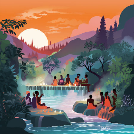 Immerse yourself in the enchanting beauty of this detailed illustration portraying a group of diverse individuals peacefully immersed in a collection of vibrant, cascading hot springs. Nestled within a lush and mystical landscape, this artwork captures a sense of tranquility, unity, and the awe-inspiring beauty of nature. Ethereal mist rises from the hot springs, adding an element of enchantment to the scene. Vibrant flora surrounds the figures, creating a vibrant atmosphere. An ethereal, golden light casts a serene glow on the figures, emphasizing the healing properties of the hot springs. The individuals showcase relaxed expressions, rejuvenated postures, and soft, glowing auras, reflecting the rejuvenating and healing effects of the springs. This composition invites viewers to experience the tranquility, unity, and the incredible power of nature's beauty.の素材