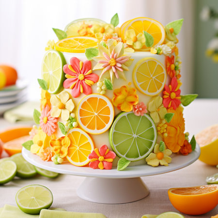 Indulge in the delightful experience of Citrus Symphony, a vibrant and tantalizing cake confection that celebrates the zesty flavors of nature's oranges, lemons, and limes. This masterpiece captivates your senses with its explosion of vibrant colors and invigorating citrus aromas. The cake is infused with the essence of fresh lemons, juicy oranges, and tangy limes, creating a harmonious symphony of flavors. Adorned with intricate citrus fruit patterns and whimsical swirls of citrus-flavored frosting, it stands as a true work of art. The edible citrus petals add a touch of elegance and provide a visually stunning presentation. Every bite of this delectable cake bursts with a burst of citrusy delight, transporting you to a world of pure summery bliss.の素材