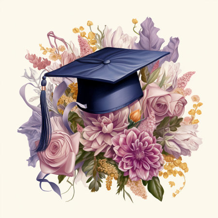 Explore the beauty and significance of academic achievements with this captivating image of a graduation cap amidst a stunning arrangement of blooming flowers. Symbolizing the harmony of growth and the celebration of accomplishments, this artwork beautifully combines the elegance of a graduation cap with the vibrant colors and delicate petals of various flowers. The clean and contemporary art style makes it suitable for microstock sites, ensuring a wide range of reactions from viewers around the world.の素材
