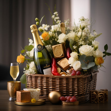Indulge in the enchantment of Sparkling Celebrations with this visually captivating image. Feast your eyes on a beautifully arranged hamper overflowing with a plethora of lavish items, carefully selected to create an atmosphere of opulence and celebration. The art style combines realistic details with a touch of whimsy, heightening the sense of joy and anticipation. Shimmering golden ribbons gracefully adorn the hamper, while exquisite gourmet treats tantalize the taste buds. Sparkling champagne bottles stand tall, ready to be popped open in jubilation. Delicate fireworks light up the sky, painting a scene of vibrant colors and cheerful bursts. Enchanting twinkling lights add a magical glow to the surroundings. This image exudes an atmosphere of joy, elegance, and anticipation, making it a visually stunning representation of a luxurious festive hamper.の素材