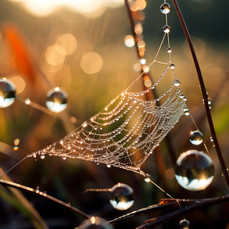 Step into a world of enchantment with this breathtaking macro photograph titled 'Enchanted Dewdrops'. It captures the delicate beauty of dewdrops glistening on the intricate web spun by a spider. The mesmerizing details and the play of light make it truly magical.の素材