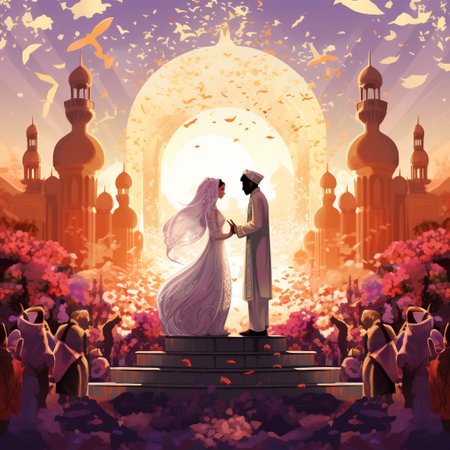 Step into a vibrant and imaginative world where diverse cultures unite in a whimsical wedding ceremony. Within a magnificent and ethereal structure, elements of churches, temples, and mosques seamlessly blend together, symbolizing the harmony and unity found in universal spirituality. A multicultural couple stands at the center, exchanging heartfelt vows, surrounded by guests from various backgrounds, each adorned in vibrant traditional attire reflecting their unique heritage. The image captures the colorful tapestry of universal spirituality, incorporating symbols of love, peace, and harmony from different faiths and traditions. It evokes a sense of wonder, acceptance, and joy, inviting viewers to celebrate the beauty of unity amidst diversity.の素材