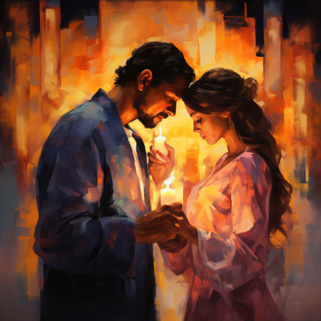 Experience the warmth and love in this artwork titled 'Blazing Unity: Flickering Flames of Love'. This captivating piece depicts a heartfelt moment of a couple's unity ceremony, where candles are lit to symbolize their deep emotional connection and lasting bond. The unique and eye-catching art style beautifully captures the vibrant colors and dynamic compositions of the flickering flames, conveying the warmth and unity shared by the couple. This illustration evokes a sense of unity, celebration, and deep emotional connection that resonates with viewers seeking to capture the beauty and meaning of unity ceremonies.の素材