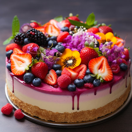 Indulge in the visual delight of this stunning cheesecake masterpiece bursting with vibrant colors and textures. The smooth and creamy texture of the cheesecake is irresistible, and it is adorned with a generous and artful arrangement of fresh fruits like succulent strawberries, juicy blueberries, luscious raspberries, and tangy citrus slices. This delightful medley creates a refreshing and tantalizing dessert that will make viewers crave a heavenly slice. The bold and vibrant art style showcases the mouthwatering details, making this image perfect for microstock sites.の素材