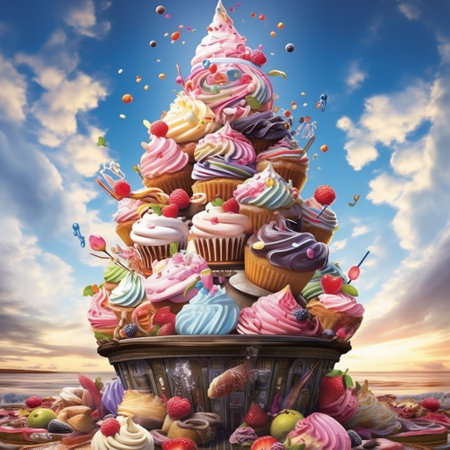 Step into a whimsical world filled with mouth-watering delights in this fun and enchanting art piece titled 'Whipped Wonderland: A Towering Symphony of Cupcake Confections'. Immerse yourself in a colorful scene where an extravagant cupcake tower captures the imagination. The tower is adorned with a variety of vibrant cupcakes of different flavors, sizes, and decorations, creating a mesmerizing sight that reaches towards the sky. Each cupcake is lovingly decorated with sprinkles, drizzles of frosting, and an array of delightful toppings, adding to the visual feast. Let this artwork transport you to a cupcake paradise, where your cravings for these delectable treats will be unstoppable.の素材