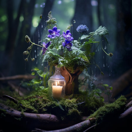 Step into a world of enchantment with this eerie and ethereal image of an enchanted forest, brought to life by a mystical bouquet. The bouquet features delicate ferns, vibrant wild violets, and lush moss, intertwining to form a captivating arrangement. Soft lighting casts a magical glow, emphasizing the whimsical atmosphere. The art style chosen for this image captures the enchantment, allowing viewers to feel the mystical allure of the forest. Prepare to be filled with wonder and intrigue as you encounter this captivating image.の素材
