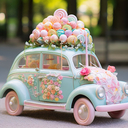 Step into a whimsical world of sugary delights with this artistic depiction of a wedding vehicle adorned with sweet and sugary candies, macarons, and other delectable confections. The scene captures the enchantment of a dreamy and magical design, radiating vibrant colors, intricate detailing, and an overall joyful atmosphere. Immerse yourself in the essence of a 'Sweet Surrender' with this image that evokes a sense of wonder and delight.の素材