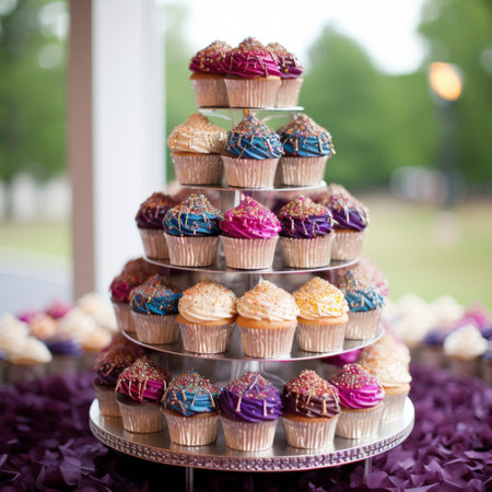Behold the centerpiece of an elegant wedding reception - a beautiful cupcake tower that stands tall, overflowing with mouthwatering cupcakes adorned with intricate frosting designs, colorful sprinkles, and edible glitter. The tower is surrounded by delighted guests, their eyes wide with anticipation as they reach out to grab their favorite sweet treat. This art style exudes joy and celebration, capturing the essence of sweet bliss.の素材