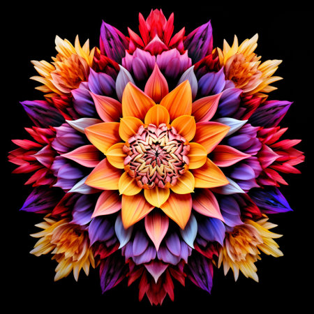 Indulge in the captivating beauty of this mesmerizing artwork titled 'Tropical Kaleidoscope: A Brilliant Tapestry of Exotic Floral Art.' This image showcases a stunning display of vibrant and unique exotic flowers in a kaleidoscope-like arrangement. The art style elegantly combines elements of realism and surrealism, creating a visually striking composition that is sure to captivate viewers. Immerse yourself in a world of fantastical flower shapes, otherworldly color combinations, and imaginative patterns that transport you to an enchanting tropical paradise bursting with floral diversity. Experience the sense of wonder and awe that this artwork evokes, making it a perfect addition to your microstock portfolio or any creative project. Let your imagination blossom with this extraordinary piece of art, carefully crafted to bring joy and inspiration to all who behold it.の素材
