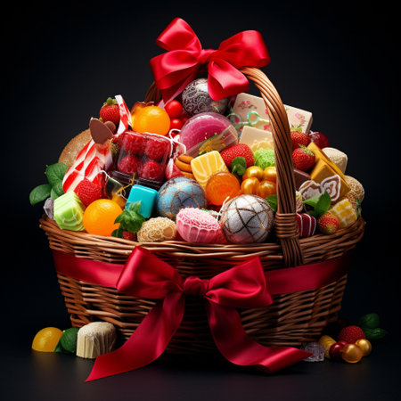Get ready to celebrate with abundance and joy! This image features a festive hamper or basket filled to the brim with delightful treats, gifts, and surprises. Capture the essence of celebration and the joy of giving with this vibrant and visually appealing depiction. Perfect for showcasing the joyous atmosphere of holidays, events, or special occasions.の素材