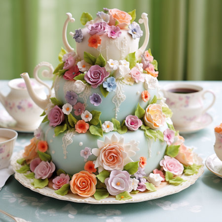 Step into a fairytale world with this whimsical cake inspired by a garden tea party. Delightful and enchanting, this cake features edible tea cups, blooming roses, and a variety of delectable confections. The fairytale-like atmosphere is brought to life with vibrant colors and intricate details, captivating viewers with its whimsy and magic. The edible tea cups are delicately crafted, filled with steeping tea, while the blooming roses adorn the cake's tiers in a mesmerizing array of vibrant hues. Surrounding the cake, an enchanting display of macarons, petit fours, cupcakes, and pastries awaits, adding to the visual delight. With its standout appeal, this image is sure to elicit awe and delight from viewers.の素材