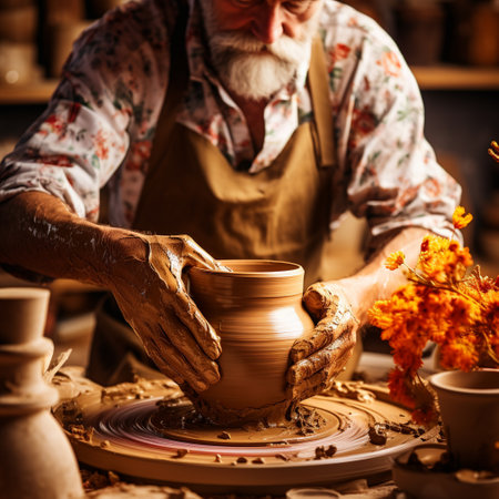Witness the mesmerizing process of pottery-making as a skilled artist sculpts a beautiful vase on a pottery wheel. Surrounded by an array of colorful clay pots, tools, and brushes, the artist is fully immersed in their craft, wearing a focused and determined expression. Their hands are covered in clay, a testament to their expertise and dedication. This vibrant and realistic art style captures the intricate details of the clay, showcasing its textures and the artist's skilled technique. The image is intended to inspire viewers, who will appreciate the artistry and dedication behind pottery-making, eliciting reactions of awe, admiration, and a desire to try their hand at pottery themselves.の素材