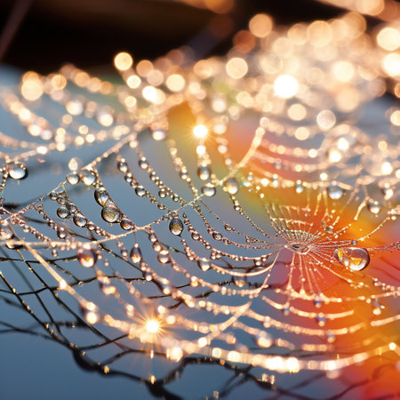Immerse yourself in the enchanting beauty of this image titled 'A Web of Diamonds'. Witness the mesmerizing sight of dew glistening on intricately woven spider webs, forming a captivating and sparkling display that resembles a web of precious diamonds. The delicate threads delicately catch the morning light, casting enchanting reflections and creating a magical atmosphere that will leave you in awe. The vibrant and ethereal color palette used in this image evokes a sense of wonder and adds to the overall enchantment. With its perfect symmetry and meticulous craftsmanship, this visually stunning composition showcases the intricate beauty of nature's creations.の素材