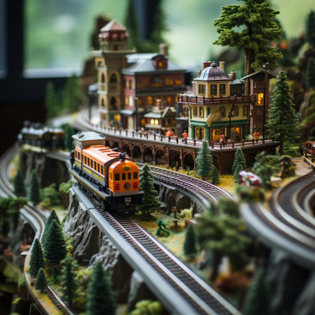 Step into a whimsical world with this delightful miniature railroad featuring intricate details that are sure to capture the viewers' attention. The miniature trains are designed with bright colors and imaginative patterns, adding a playful and imaginative touch to this enchanting scene.の素材