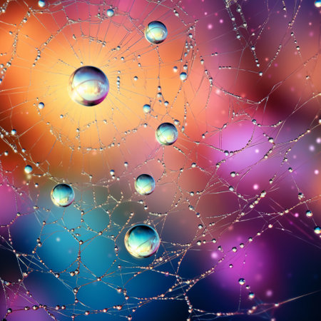 Experience the mesmerizing beauty of Sparkling Dew Webs in a vibrant, abstract art style. In this stunning artwork, the delicate spider webs are transformed into radiant gemstones, shimmering and casting a magical glow. The background features a gradient of pastel colors, creating a soft and dreamy atmosphere that enhances the enchantment. The intricate patterns of the spider webs weave through the image, captivating viewers with their delicate yet strong presence. Get ready to be captivated and filled with a sense of wonder and enchantment by this imaginative and visually stunning depiction of dew-covered spider webs.の素材