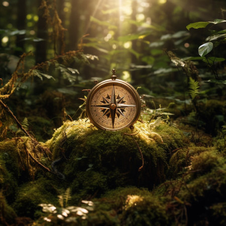 Immerse yourself in the enchanting world of 'Inner Compass: Memoirs of a Wandering Soul' with this minimalist-style image. The lush, mystical forest serves as the backdrop, where a beautifully ornate compass rests delicately upon a moss-covered stone. The needle of the compass emits an ethereal light, pulsating with mystic energy, as it points towards an unseen, otherworldly destination. Rays of golden sunlight filter through the dense canopy, casting a magical glow that brings the surroundings to life. The vibrant hues of the flora and fauna, reminiscent of a fairytale, beckon you to embark on a transformative journey of self-discovery and endless exploration.の素材