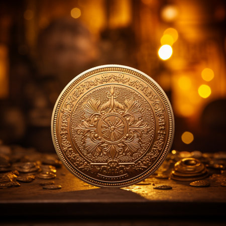 Experience the allure of 'Aged Elegance' with this beautifully aged vintage coin. Capturing the essence of a bygone era, this coin showcases intricate detailing and craftsmanship that embodies the rich history and cultural significance of its time. The coin exudes a sense of grandeur, surrounded by soft lighting to enhance its elegance. The art style focuses on realistic rendering, utilizing warm tones and subtle shadows to accentuate the coin's character and charm.の素材