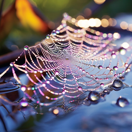Experience the mesmerizing beauty of nature with 'The Dazzling Symphony' - a unique art style suited for microstock sites. This captivating illustration showcases a vibrant spider web covered in sparkling droplets of dew. The intricately woven spider web reflects light, creating a magical spectacle. It is surrounded by a backdrop of vibrant foliage or a serene morning landscape, adding to the enchanting moment. Watch as sunlight hits the dew, evoking awe and wonder.の素材