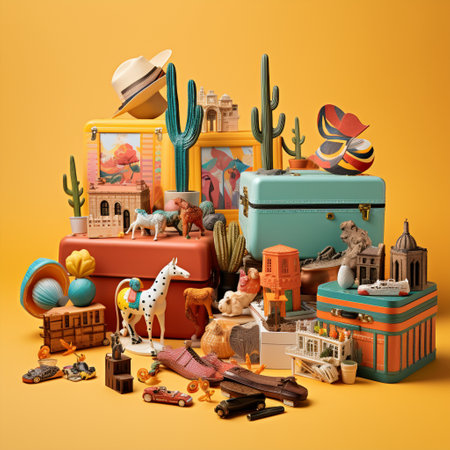 Indulge your senses with this stunning image of cheerful souvenirs in a vibrant art style. Each unique and quirky gift item has been carefully selected to captivate viewers, evoking feelings of curiosity and delight. The vivid color palette and playful composition create a sense of joy and excitement, leaving room for creative interpretation and personalization. The thoughtfully arranged souvenirs are ready to bring joy and excitement to those who receive them.の素材