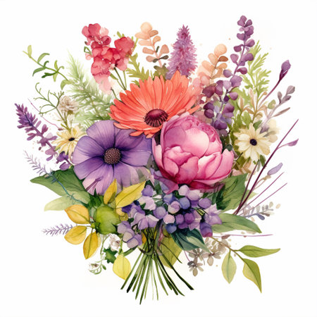 Immerse yourself in the healing power of nature with this stunning image of a blossoming bouquet made entirely of vibrant and diverse herbal remedies. Inspired by the art style of watercolor paintings, this bouquet showcases a variety of recognizable herbs known for their healing properties. Each herb is accurately depicted in size, shape, and color, creating a visually appealing composition that is both balanced and visually stunning. Get ready to be mesmerized by the beauty and wellness these herbs bring to your imagination.の素材