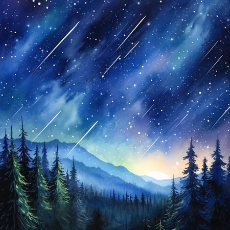 Experience the captivating beauty of a meteor shower illuminating a starry night sky in this stunning watercolor-style image. Vibrant shooting stars cascade down like a mesmerizing celestial rain, filling the heavens with awe and wonder. Each meteor streaks across the atmosphere, leaving behind vivid trails of shimmering colors, creating a truly magical atmosphere. This image showcases the ethereal beauty and harmonious connection between the celestial and earthly realms, inspiring viewers with its enchanting portrayal of a cosmic spectacle.の素材