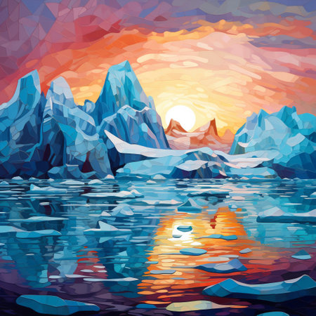 Get ready to be mesmerized by this breath-taking mosaic-style artwork depicting a mesmerizing scene of Arctic icebergs and glaciers. Created with vibrant colors and intricate geometric elements, this visually captivating image is suitable for microstock sites and will surely catch the attention of viewers. The puzzle-like composition of nature's frozen wonders evokes feelings of awe, tranquility, and the majestic beauty of the Arctic.の素材