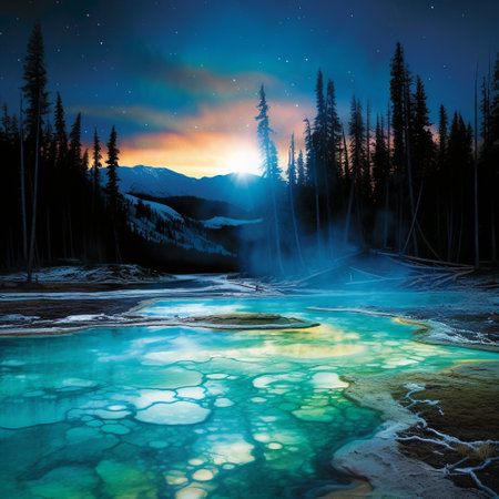 Immerse yourself in the ethereal beauty of Aqua Auroras, a visually stunning image inspired by vibrant hot springs that illuminate the earth. Step into a surreal landscape where geysers and hot springs erupt with a mesmerizing glow, casting a spellbinding aura over the surroundings. The hot springs exude an otherworldly radiance, displaying hues ranging from vivid blues and aquamarines to dazzling purples and fiery oranges. This artwork captures the awe-inspiring beauty and magical essence of the scene, evoking a sense of wonder and enchantment.の素材