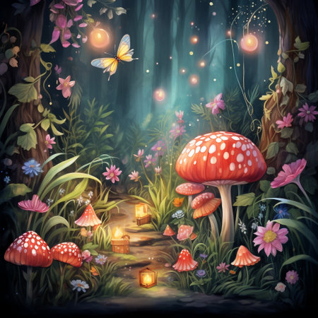 Step into a mystical forest where vibrant flowers bloom and whimsical creatures delight in exchanging beautifully wrapped gifts and favors. This enchanting scene is captured in a whimsical, watercolor-inspired illustration that perfectly encapsulates the magical atmosphere.の素材