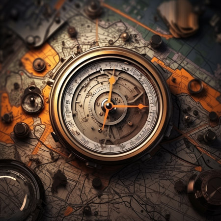 Experience the future with this intriguing image of a futuristic map and compass, showcasing the concept of evolving coordinates and the exploration of an ever-changing world. In this visually stunning artwork, traditional and technological elements are juxtaposed, seamlessly blending together. The dynamic and vibrant art style captures the attention of users on microstock sites, enticing them to explore the possibilities of this futuristic landscape.の素材
