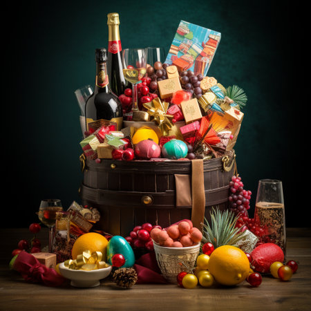 Experience the excitement of a festive hamper bursting with a colorful assortment of items transforming into an organized and tranquil arrangement. This visually striking image showcases chaos and disorderly placement gradually transforming into impeccable organization and harmony. Overflowing with sparkling party hats, gracefully wrapped gifts, vibrant confetti, aromatic candles, delicious chocolates, and intricate ornaments, this artwork evokes a sense of calmness and serenity. The art style is bright and cheerful, utilizing vibrant colors and clean lines to create a joyful atmosphere.の素材