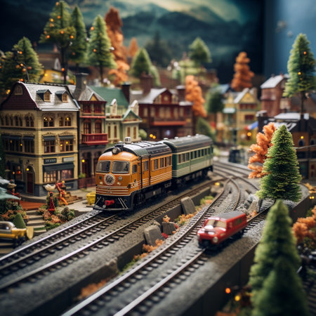 Step into the whimsical world of Train Town Delight, where a bustling miniature model train village comes to life with a modern twist. Imagine a dynamic scene filled with vibrant model trains zipping through a meticulously detailed landscape, passing by unique landmarks that seamlessly blend nostalgic and futuristic elements. Delve into an electrifying fusion of tradition and innovation, as classic steam locomotives glide past sleek, sci-fi-inspired stations. Amidst the marvels of modern technology, miniature robotic figures carry out their daily lives, adding a touch of fantasy to the bustling town. Experience the awe of classic model trains intertwined with the wonders of a vibrant sci-fi world, as this image captures your imagination and transports you to the enchanting realm of Train Town Delight.の素材