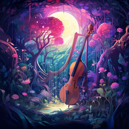 Immerse yourself in the ethereal world of music with this vibrant and dynamic abstract illustration. It captures the essence of 'Whispering Winds: Embracing the Ethereal Sounds of Instruments,' where musical instruments merge with natural elements in an otherworldly scene. In this surreal and captivating display, a mystical forest is bathed in soft moonlight, with trees and flowers transforming into harps, flutes, violins, and other enchanting instruments. The gentle breeze carries the melodies, and shimmering notes float in the air like shimmering fireflies. Experience the magical fusion of music and nature through this image that inspires awe and wonder.の素材
