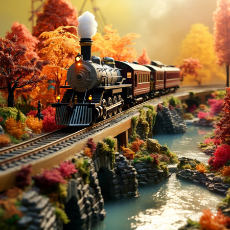 Step into a whimsical and fantastical world with this model train scene. The miniature trains chug through a vibrant and enchanting landscape, surrounded by colorful trees and sparkling rivers. In this imaginative setting, you'll even find tiny magical creatures cheering on the passing trains, adding a touch of magic to the scene.の素材