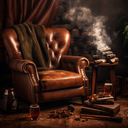 Experience the smooth and earthy textures of leather with this vintage-inspired image showcasing the theme of 'Whiskey & Tobacco'. Transport yourself to the rustic charm of an old Western movie with this worn leather armchair or sofa. Adorned with a glass of whiskey, a vintage tobacco pipe, and a leather-bound book resting on a side table, this image captures the essence of relaxation and comfort. The lighting enhances the rich tones and natural patina of the leather, providing a warm and inviting atmosphere.の素材