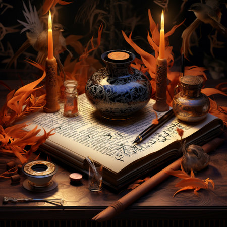 Immerse yourself in the world of vibrant digital art with the captivating scene titled 'Ink and Paper Whispers: Enchanting Calligraphy.' This artwork depicts a skilled calligrapher engrossed in their craft, gracefully holding a quill pen as delicate ink strokes flow from its tip. The artist is surrounded by an array of beautifully-arranged calligraphy tools, including elegant inkpots, bundles of intricately designed paper, and antique brushes. The background of the artwork is adorned with ethereal swirls of color, adding a touch of enchantment and magic to the serene space. The overall composition emanates tranquility and captivates viewers, eliciting a wide range of feelings and reactions.の素材