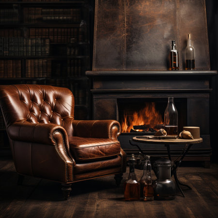 Experience the smooth and earthy textures of leather with this vintage-inspired image showcasing the theme of 'Whiskey & Tobacco'. Transport yourself to the rustic charm of an old Western movie with this worn leather armchair or sofa. Adorned with a glass of whiskey, a vintage tobacco pipe, and a leather-bound book resting on a side table, this image captures the essence of relaxation and comfort. The lighting enhances the rich tones and natural patina of the leather, providing a warm and inviting atmosphere.の素材