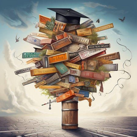 Experience the journey of endless possibilities with this vibrant and whimsical image of a graduation cap embedded with a crossroads sign. Each road on the sign represents a different future career or life path, allowing viewers to explore different possibilities and make choices that align with their aspirations. The colorful and lively art style of this image is sure to captivate microstock site users and bring a touch of joy to their creative projects.の素材