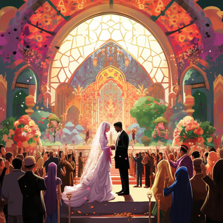 Step into a vibrant and imaginative world where diverse cultures unite in a whimsical wedding ceremony. Within a magnificent and ethereal structure, elements of churches, temples, and mosques seamlessly blend together, symbolizing the harmony and unity found in universal spirituality. A multicultural couple stands at the center, exchanging heartfelt vows, surrounded by guests from various backgrounds, each adorned in vibrant traditional attire reflecting their unique heritage. The image captures the colorful tapestry of universal spirituality, incorporating symbols of love, peace, and harmony from different faiths and traditions. It evokes a sense of wonder, acceptance, and joy, inviting viewers to celebrate the beauty of unity amidst diversity.の素材