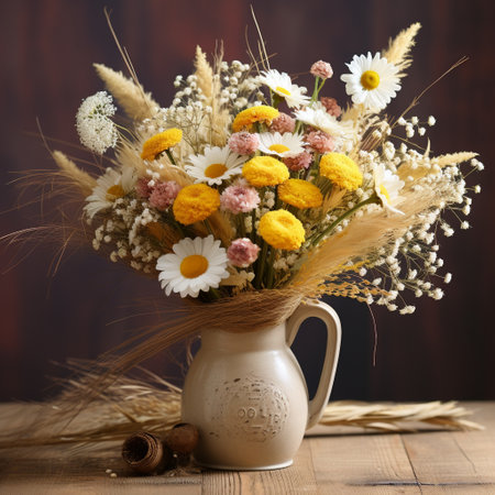 Immerse yourself in the whimsical and romantic world of Rustic Romance with this charming bouquet of wildflowers, daisies, and wheat stems. Vibrant and untamed, these beautiful blossoms come together to create an enchanting composition that captivates the heart. Picture yourself in a sun-kissed meadow, surrounded by warm, golden light and a gentle breeze. The bouquet is elegantly presented in a weathered wooden vase, adorned with a delicate lace ribbon, adding a touch of vintage elegance. Let the colors and textures of the flowers harmoniously dance together, creating a visual symphony that sparks joy and delight. This scene embodies the essence of Rustic Romance, evoking a sense of nostalgia for simpler times and the beauty of untamed nature.の素材