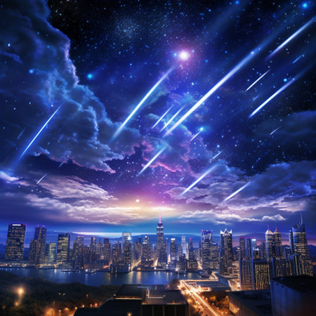 Capture the awe-inspiring beauty of a meteor shower in an unexpected setting - a bustling cityscape. Imagine a vibrant, futuristic cityscape bathed in the glow of neon lights. High-rise buildings tower above busy streets, while colorful holographic advertisements flicker in the night sky. In this mesmerizing city of the future, suddenly, a meteor shower graces the skyline, bedazzling the urban landscape with blazing streaks of light. With each meteor streaking across the sky, it leaves a trail of sparkling particles, illuminating the city below. The meteors stand out against the vivid, neon-lit backdrop, creating a stunning contrast that mesmerizes the viewer. The image evokes a sense of wonder, depicting a sublime collision between nature's celestial beauty and the pulsating energy of an urban metropolis.の素材